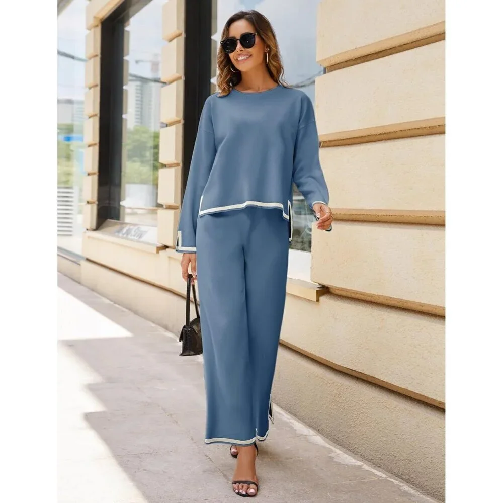 Women's Blue Long Sleeve Knit Sweater Top & Wide Leg Pants Lounge Set